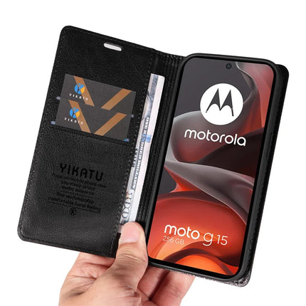 For Motorola Moto G15 4G Wallet Case YIKATU YK-006 Magnetic Closure Leather Phone Cover Litchi Texture