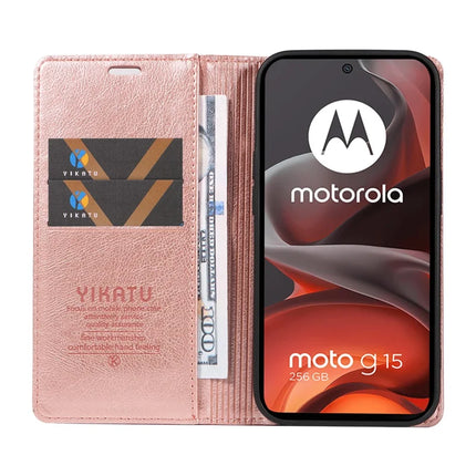 For Motorola Moto G15 4G Wallet Case YIKATU YK-006 Magnetic Closure Leather Phone Cover Litchi Texture