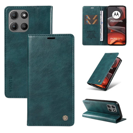 For Motorola Moto G15 4G Wallet Case YIKATU YK-006 Magnetic Closure Leather Phone Cover Litchi Texture - Blue