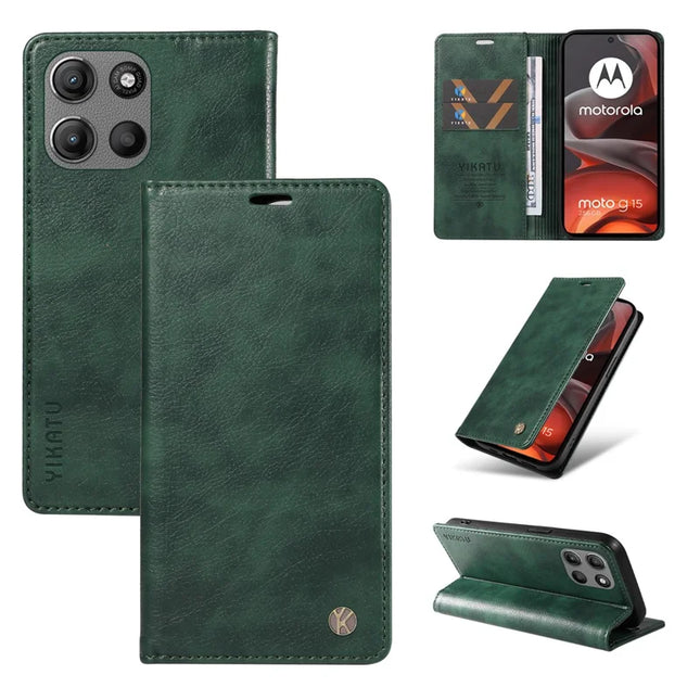 For Motorola Moto G15 4G Wallet Case YIKATU YK-006 Magnetic Closure Leather Phone Cover Litchi Texture -  Green