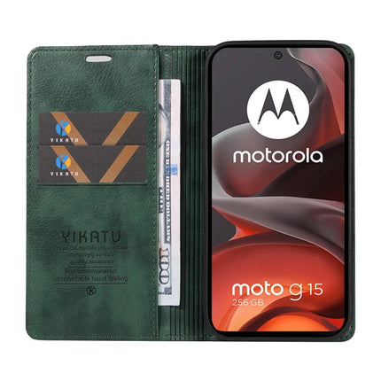 For Motorola Moto G15 4G Wallet Case YIKATU YK-006 Magnetic Closure Leather Phone Cover Litchi Texture -  Green