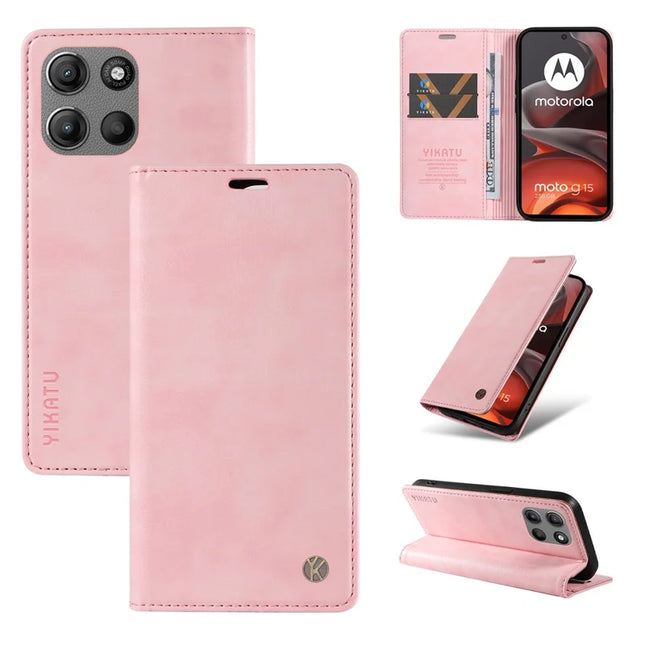 For Motorola Moto G15 4G Wallet Case YIKATU YK-006 Magnetic Closure Leather Phone Cover Litchi Texture - Pink