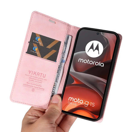 For Motorola Moto G15 4G Wallet Case YIKATU YK-006 Magnetic Closure Leather Phone Cover Litchi Texture