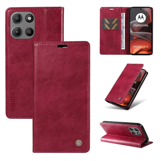 For Motorola Moto G15 4G Wallet Case YIKATU YK-006 Magnetic Closure Leather Phone Cover Litchi Texture - Wine Red