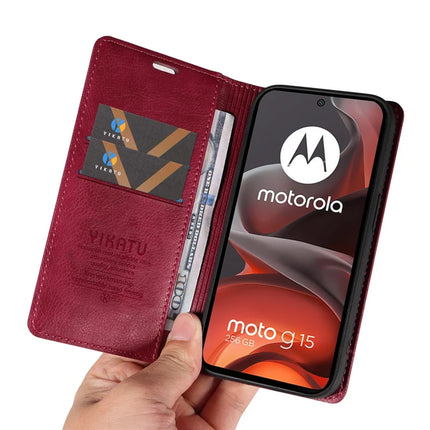 For Motorola Moto G15 4G Wallet Case YIKATU YK-006 Magnetic Closure Leather Phone Cover Litchi Texture