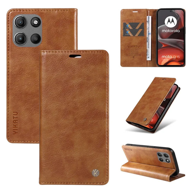 For Motorola Moto G15 4G Wallet Case YIKATU YK-006 Magnetic Closure Leather Phone Cover Litchi Texture -  Brown