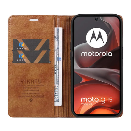 For Motorola Moto G15 4G Wallet Case YIKATU YK-006 Magnetic Closure Leather Phone Cover Litchi Texture -  Brown