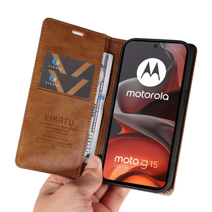 For Motorola Moto G15 4G Wallet Case YIKATU YK-006 Magnetic Closure Leather Phone Cover Litchi Texture -  Brown