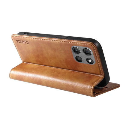 For Motorola Moto G15 4G Wallet Case YIKATU YK-006 Magnetic Closure Leather Phone Cover Litchi Texture -  Brown