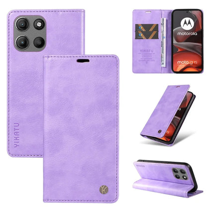 For Motorola Moto G15 4G Wallet Case YIKATU YK-006 Magnetic Closure Leather Phone Cover Litchi Texture - Purple