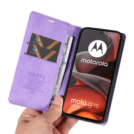 For Motorola Moto G15 4G Wallet Case YIKATU YK-006 Magnetic Closure Leather Phone Cover Litchi Texture