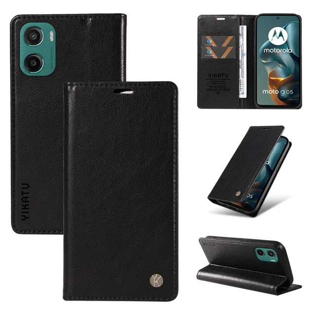 For Motorola Moto G05 4G Wallet Case YIKATU YK-006 Magnetic Closure Leather Phone Cover Litchi Texture - Black