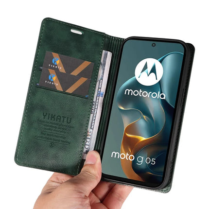 For Motorola Moto G05 4G Wallet Case YIKATU YK-006 Magnetic Closure Leather Phone Cover Litchi Texture -  Green