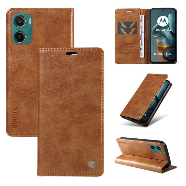 For Motorola Moto G05 4G Wallet Case YIKATU YK-006 Magnetic Closure Leather Phone Cover Litchi Texture -  Brown