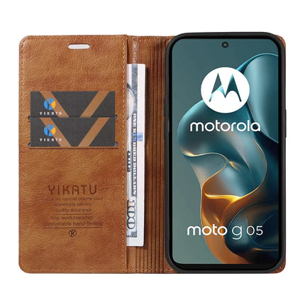 For Motorola Moto G05 4G Wallet Case YIKATU YK-006 Magnetic Closure Leather Phone Cover Litchi Texture -  Brown