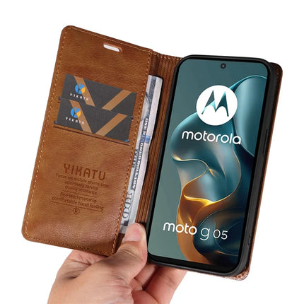 For Motorola Moto G05 4G Wallet Case YIKATU YK-006 Magnetic Closure Leather Phone Cover Litchi Texture -  Brown