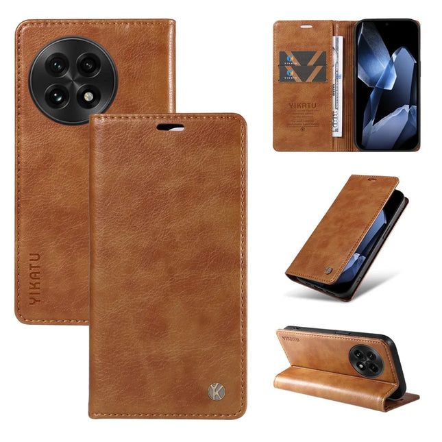 For OnePlus 13 Wallet Case YIKATU YK-006 Magnetic Closure Leather Phone Cover Litchi Texture -  Brown