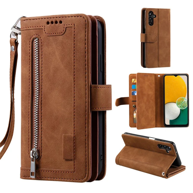 For Samsung Galaxy A26 5G Case PU Leather Phone Cover with Zipper Wallet 9 Card Slots - Brown