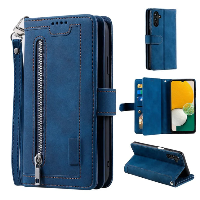 For Samsung Galaxy A26 5G Case PU Leather Phone Cover with Zipper Wallet 9 Card Slots - Blue