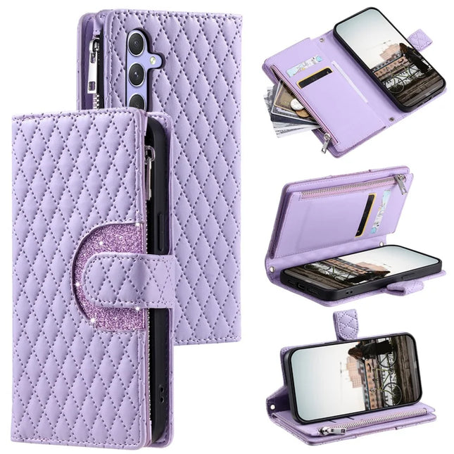 Style 012 for Samsung Galaxy A26 5G Case Zipper Pocket Glitter Leather Phone Cover - Purple