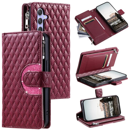 Style 012 for Samsung Galaxy A26 5G Case Zipper Pocket Glitter Leather Phone Cover - Wine Red