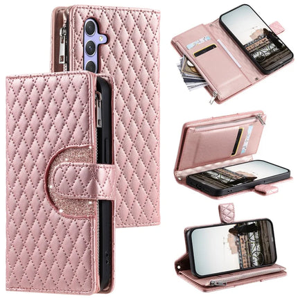 Style 012 for Samsung Galaxy A26 5G Case Zipper Pocket Glitter Leather Phone Cover - Rose Gold