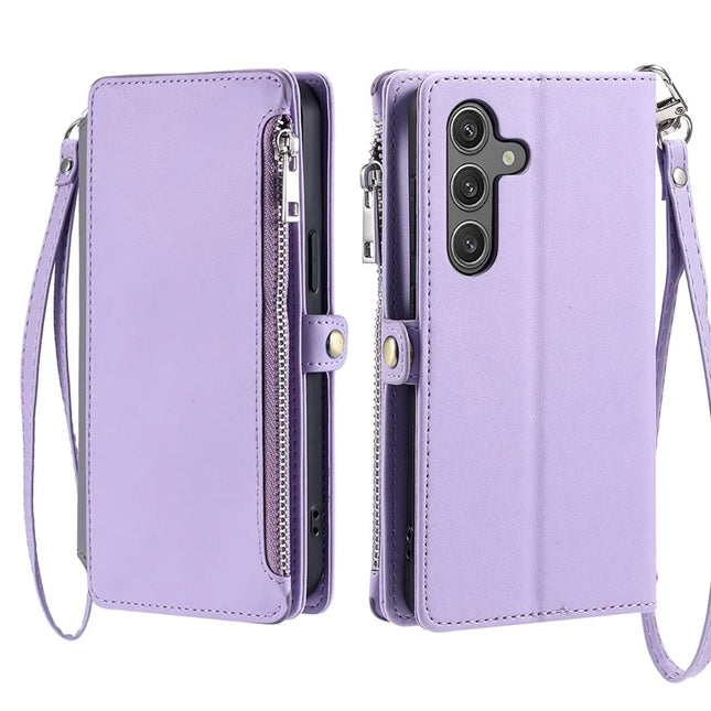 For Samsung Galaxy A26 5G Case TPU + PU Leather Wallet Phone Cover with Wrist Strap - Purple
