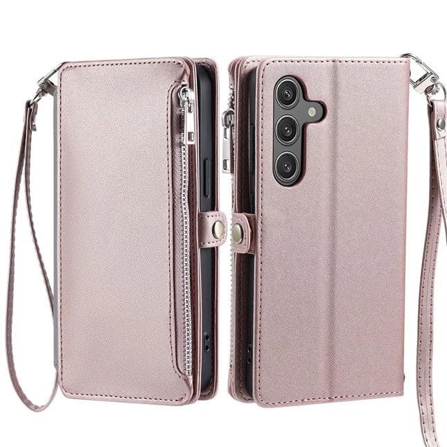 For Samsung Galaxy A26 5G Case TPU + PU Leather Wallet Phone Cover with Wrist Strap - Rose Gold