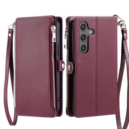 For Samsung Galaxy A26 5G Case TPU + PU Leather Wallet Phone Cover with Wrist Strap - Wine Red