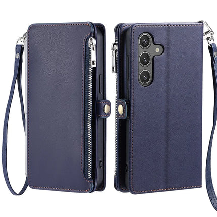 For Samsung Galaxy A26 5G Case TPU + PU Leather Wallet Phone Cover with Wrist Strap - Blue
