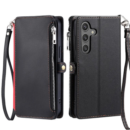 For Samsung Galaxy A26 5G Case TPU + PU Leather Wallet Phone Cover with Wrist Strap - Black