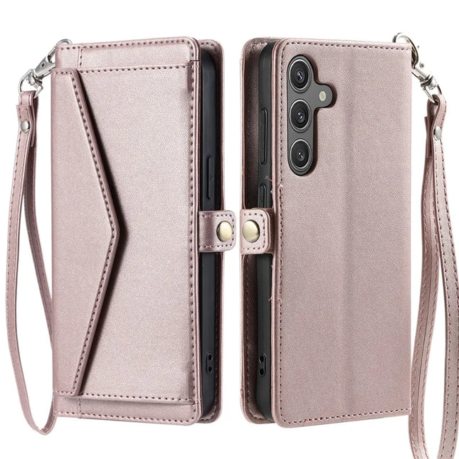 For Samsung Galaxy A26 5G Leather Case with Wrist Strap Wallet Stand Phone Cover - Rose Gold