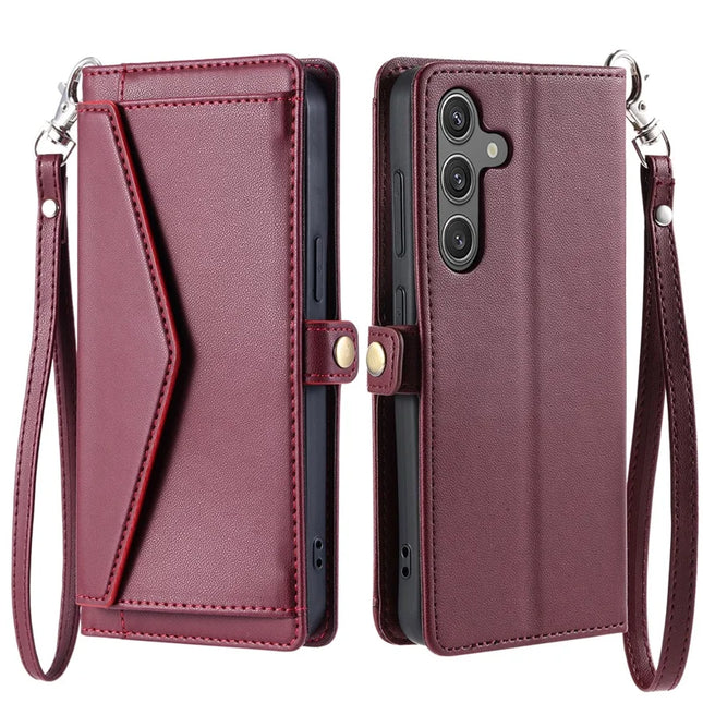 For Samsung Galaxy A26 5G Leather Case with Wrist Strap Wallet Stand Phone Cover - Wine Red