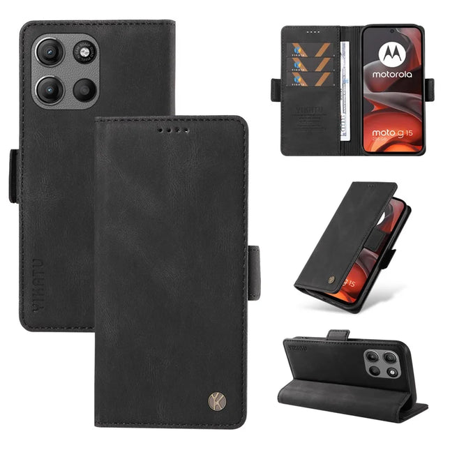 For Motorola Moto G15 4G Leather Case YIKATU YK-005 Skin-touch Feeling Wallet Phone Cover - Black