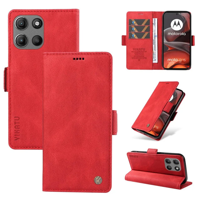 For Motorola Moto G15 4G Leather Case YIKATU YK-005 Skin-touch Feeling Wallet Phone Cover - Red