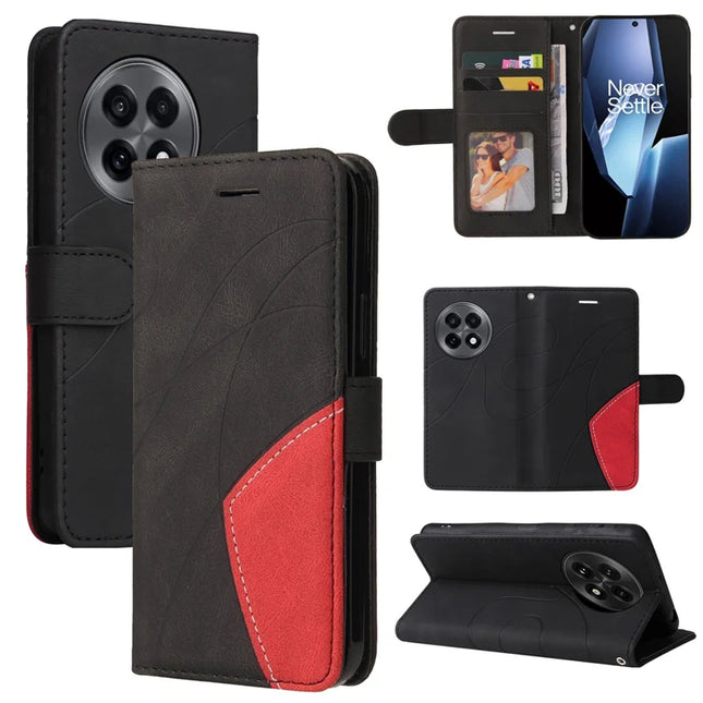 For OnePlus Ace 5G Leather Case Wallet Stand Color Splicing Phone Cover - Black