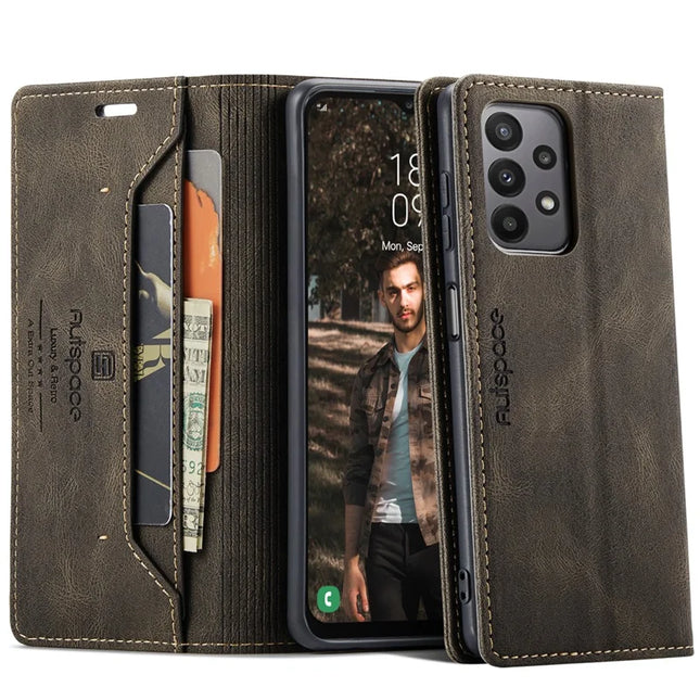 For Samsung Galaxy M23 5G / Galaxy A23 5G (Global Version) Wallet Case AUTSPACE A01 Leather Stand Cover with RFID Blocking Card Holder - Coffee