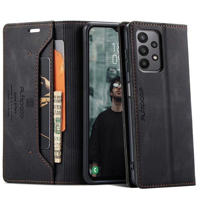 For Samsung Galaxy M23 5G / Galaxy A23 5G (Global Version) Wallet Case AUTSPACE A01 Leather Stand Cover with RFID Blocking Card Holder - Black