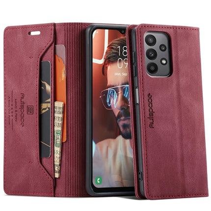 For Samsung Galaxy M23 5G / Galaxy A23 5G (Global Version) Wallet Case AUTSPACE A01 Leather Stand Cover with RFID Blocking Card Holder - Red