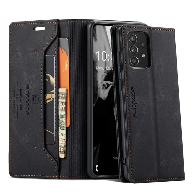 For Samsung Galaxy A40 Wallet Case AUTSPACE A01 Leather Stand Cover with RFID Blocking Card Holder - Black