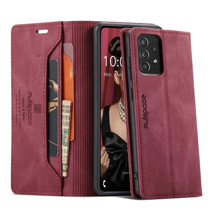 For Samsung Galaxy A40 Wallet Case AUTSPACE A01 Leather Stand Cover with RFID Blocking Card Holder - Red