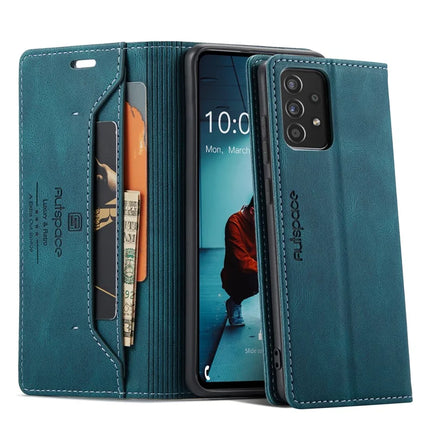 For Samsung Galaxy A40 Wallet Case AUTSPACE A01 Leather Stand Cover with RFID Blocking Card Holder - Blue