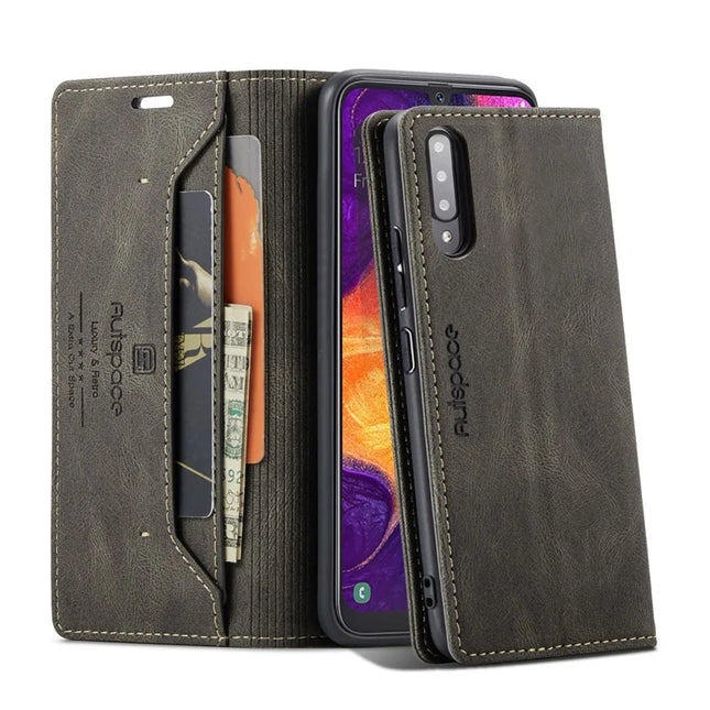 For Samsung Galaxy A50s / Galaxy A30s / Galaxy A50 Wallet Case AUTSPACE A01 Leather Stand Cover with RFID Blocking Card Holder - Coffee