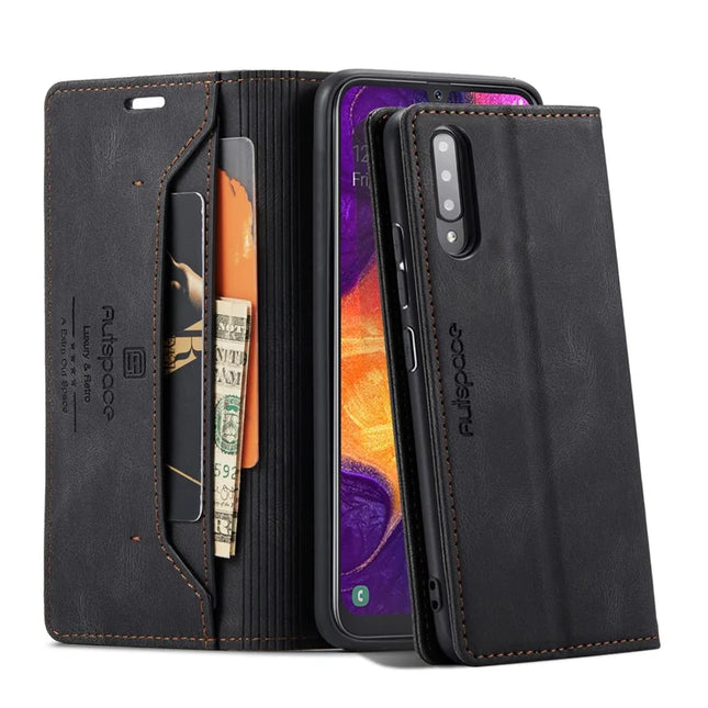 For Samsung Galaxy A50s / Galaxy A30s / Galaxy A50 Wallet Case AUTSPACE A01 Leather Stand Cover with RFID Blocking Card Holder - Black