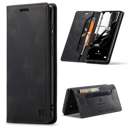 For Samsung Galaxy A31 Wallet Case AUTSPACE A01 Leather Stand Cover with RFID Blocking Card Holder - Black