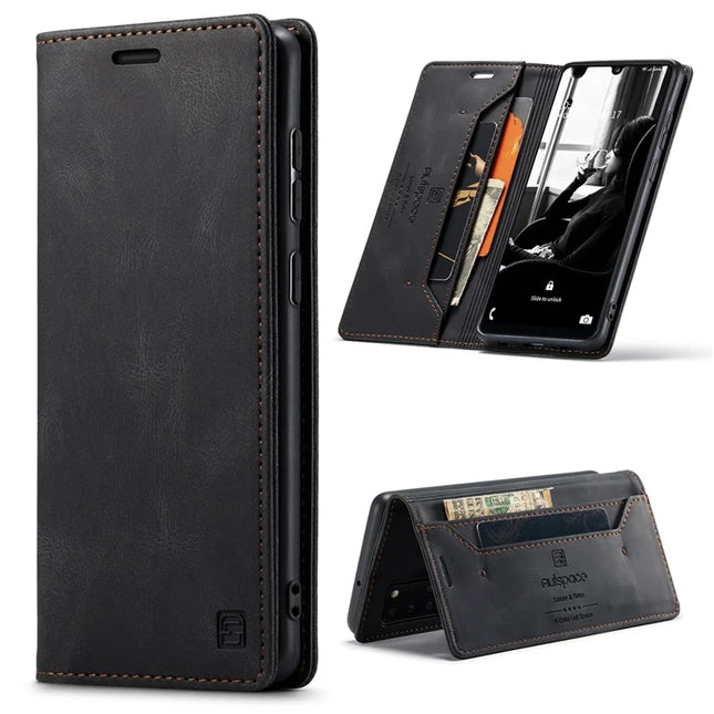 For Samsung Galaxy A31 Wallet Case AUTSPACE A01 Leather Stand Cover with RFID Blocking Card Holder - Black