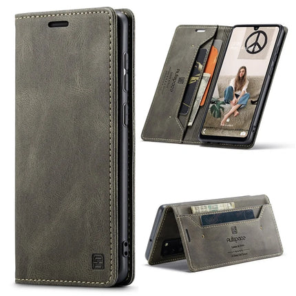 For Samsung Galaxy A31 Wallet Case AUTSPACE A01 Leather Stand Cover with RFID Blocking Card Holder - Coffee