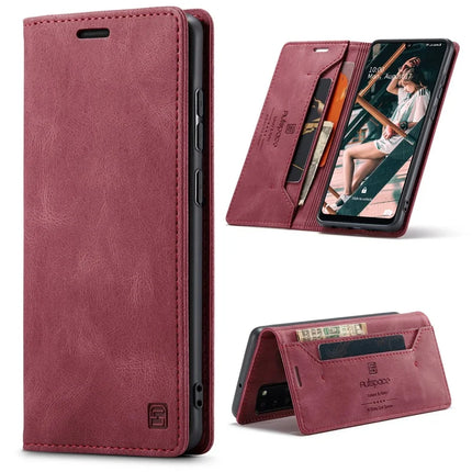 For Samsung Galaxy A31 Wallet Case AUTSPACE A01 Leather Stand Cover with RFID Blocking Card Holder - Red