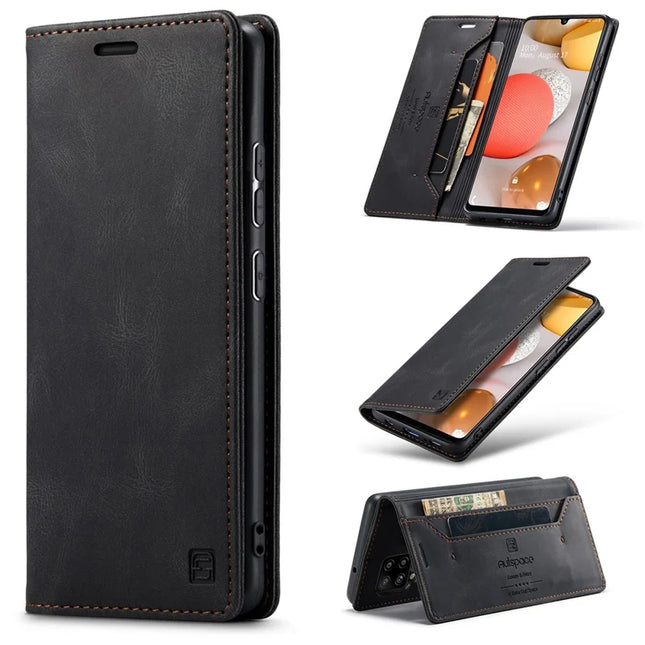 For Samsung Galaxy M42 5G / Galaxy A42 5G Wallet Case AUTSPACE A01 Leather Stand Cover with RFID Blocking Card Holder - Black