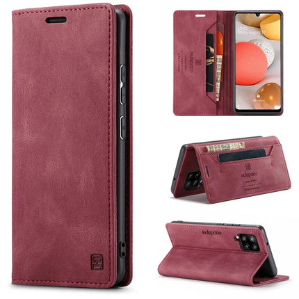 For Samsung Galaxy M42 5G / Galaxy A42 5G Wallet Case AUTSPACE A01 Leather Stand Cover with RFID Blocking Card Holder - Red